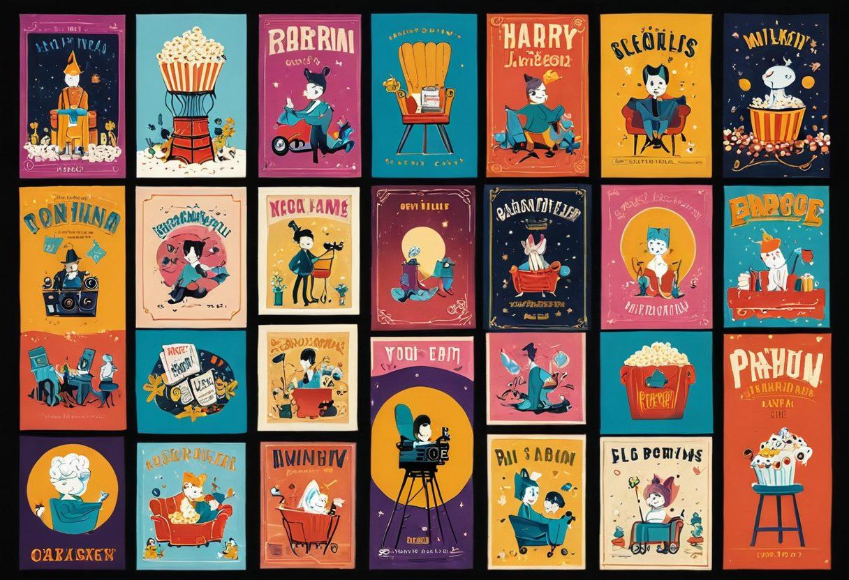 A vibrant collection of whimsical indie film posters, each showcasing quirky characters and satirical elements, surrounded by scattered golden movie reels and popcorn. In the background, a bright, enchanting filmset with twinkling fairy lights and an oversized director's chair, representing fun and creativity in the film industry. The scene captures the essence of indie charm and humor in filmmaking. vivid colors. fantasy art. playful composition.