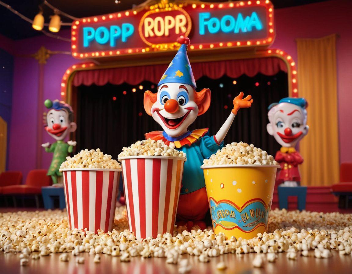 A whimsical movie theater with bright marquee lights showcasing classic comedic film titles. Cartoon characters, such as a jester and a clown, interacting playfully among oversized popcorn buckets and soda cups. In the background, film reels unravel, emitting colorful bursts of laughter. The overall scene exudes joy and silliness, inviting viewers into the world of humor in cinema. vibrant colors. cartoon style. dynamic composition.