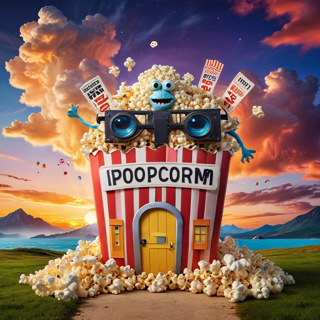 A whimsical cinema setting filled with quirky characters from various films, including a giant popcorn monster, a flying movie ticket, and vibrant film reels cascading down from the sky. The backdrop features a colorful, surreal landscape with oversized clapperboards and a sunset that morphs into a filmstrip. Add elements of fantasy like glowing lights and playful clouds that look like movie scenes. Art style: vibrant colors. surrealism.